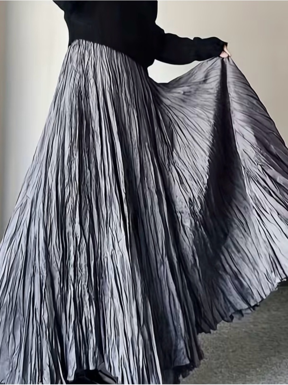 Flowing Grey Pleated Maxi Skirt Elegant A-Line 
Waist 29-31 hip 39-41 heigh69-70